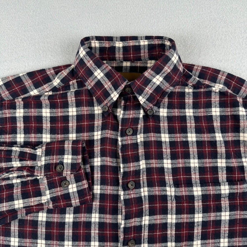 St. Johns Bay Flannel Shirt Mens Small Burgundy Navy Plaid Button Down Cotton
